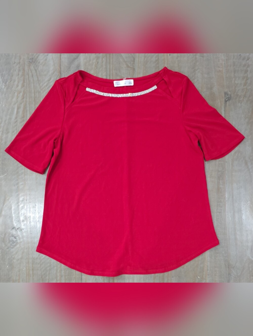 NWOT 89th + Madison Women's Short-Sleeve Top with Crystal Neckline #K0074